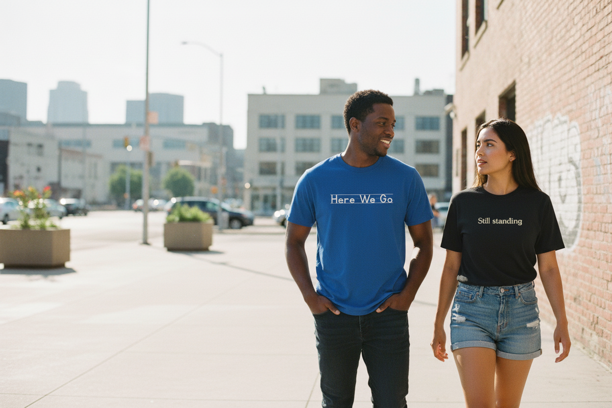 Banner with Royal Blue and Black tees - natural poses